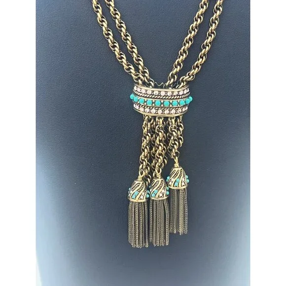 Vintage Turquoise & Crystal Tassel Lariat Necklace By Heidi Daus - Picture 2 of 9